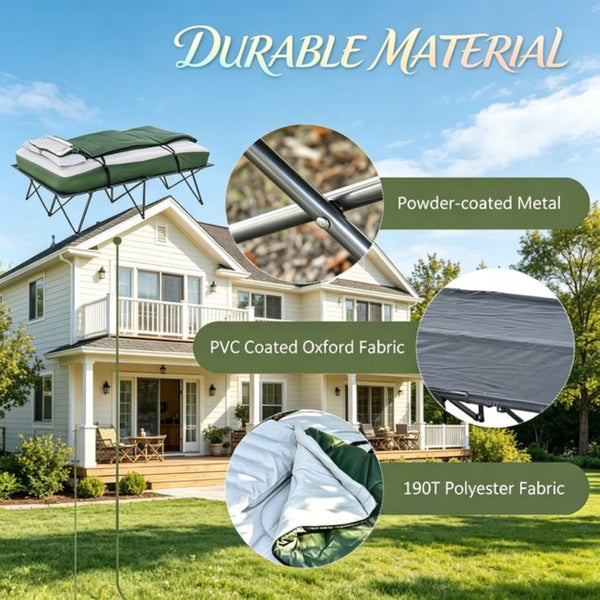 English Elm Outdoor Folding Double Cot with Air Mattress Sleeping Bag and Pillows for Two Campers T3971P533957