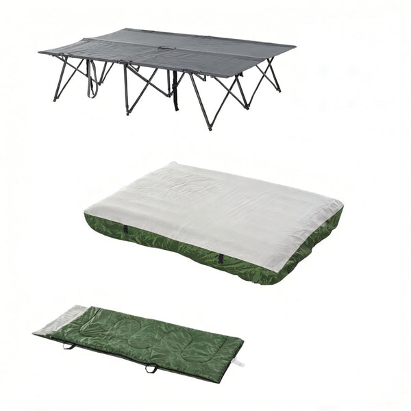 English Elm Outdoor Folding Double Cot with Air Mattress Sleeping Bag and Pillows for Two Campers T3971P533957