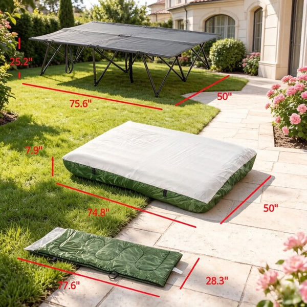 English Elm Outdoor Folding Double Cot with Air Mattress Sleeping Bag and Pillows for Two Campers T3971P533957