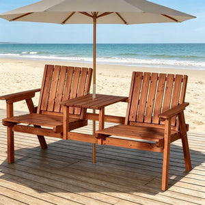 English Elm Outdoor Fir Wood Porch Bench with Center Chat Table and Built-in Umbrella Holder T3971P533972