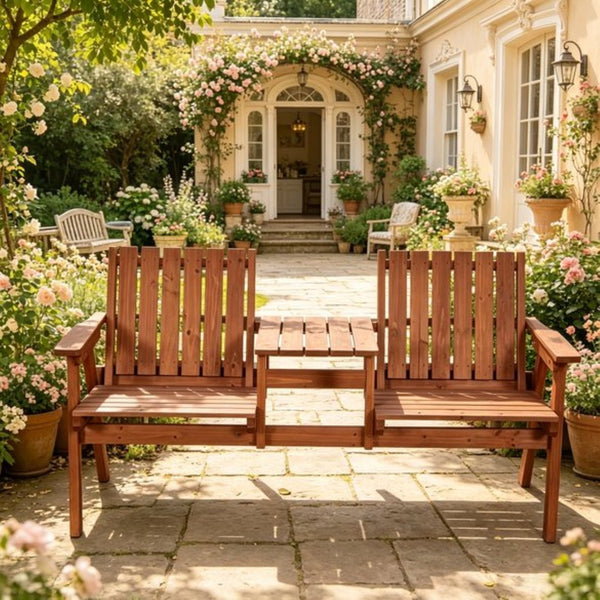 English Elm Outdoor Fir Wood Porch Bench with Center Chat Table and Built-in Umbrella Holder T3971P533972