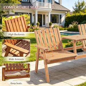 English Elm Outdoor Fir Wood Porch Bench with Center Chat Table and Built-in Umbrella Holder T3971P533972