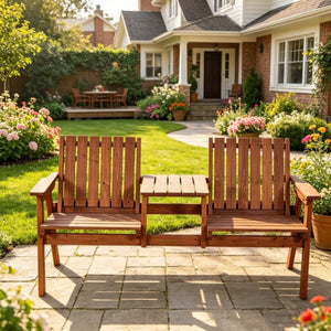 English Elm Outdoor Fir Wood Porch Bench with Center Chat Table and Built-in Umbrella Holder T3971P533972