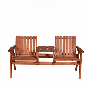 English Elm Outdoor Fir Wood Porch Bench with Center Chat Table and Built-in Umbrella Holder T3971P533972