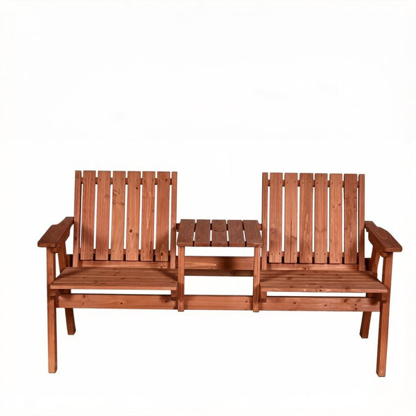 English Elm Outdoor Fir Wood Porch Bench with Center Chat Table and Built-in Umbrella Holder T3971P533972