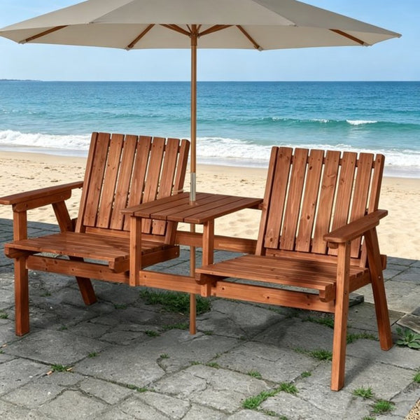 English Elm Outdoor Fir Wood Porch Bench with Center Chat Table and Built-in Umbrella Holder T3971P533972