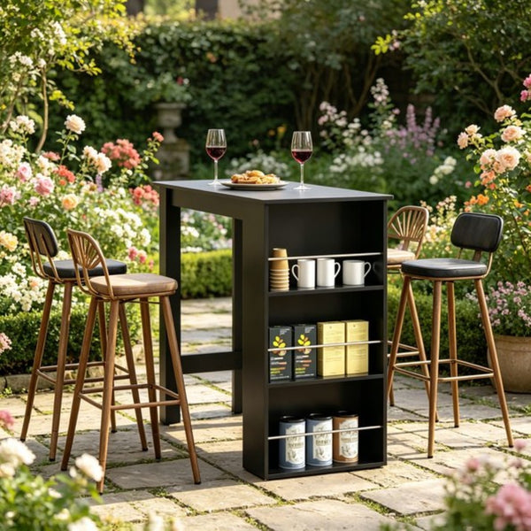 English Elm Stylish Matte Black Bar Table with Three Open Shelves for Kitchen or Home Bar T3971P533983