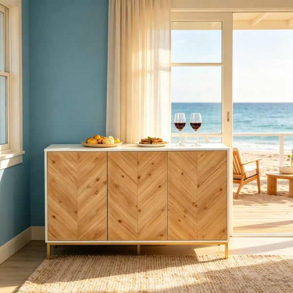 English Elm Compact Chevron Buffet Sideboard with Gold Steel Legs and Push Open Wood Doors T3971P533993