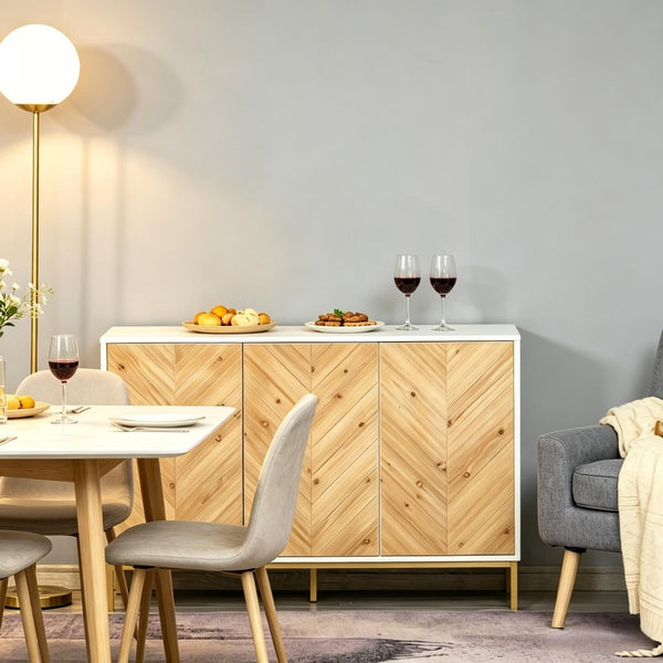 English Elm Compact Chevron Buffet Sideboard with Gold Steel Legs and Push Open Wood Doors T3971P533993