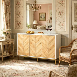 English Elm Compact Chevron Buffet Sideboard with Gold Steel Legs and Push Open Wood Doors T3971P533993