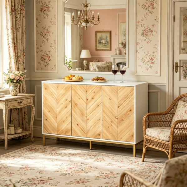 English Elm Compact Chevron Buffet Sideboard with Gold Steel Legs and Push Open Wood Doors T3971P533993