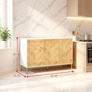 English Elm Compact Chevron Buffet Sideboard with Gold Steel Legs and Push Open Wood Doors T3971P533993