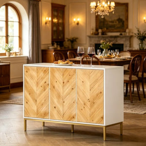 English Elm Compact Chevron Buffet Sideboard with Gold Steel Legs and Push Open Wood Doors T3971P533993