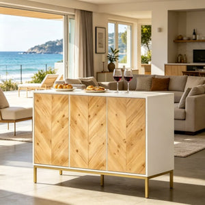 English Elm Compact Chevron Buffet Sideboard with Gold Steel Legs and Push Open Wood Doors T3971P533993