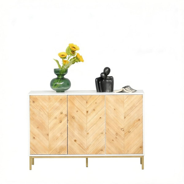 English Elm Compact Chevron Buffet Sideboard with Gold Steel Legs and Push Open Wood Doors T3971P533993
