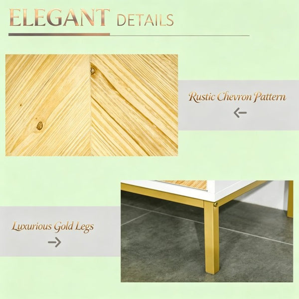 English Elm Compact Chevron Buffet Sideboard with Gold Steel Legs and Push Open Wood Doors T3971P533993