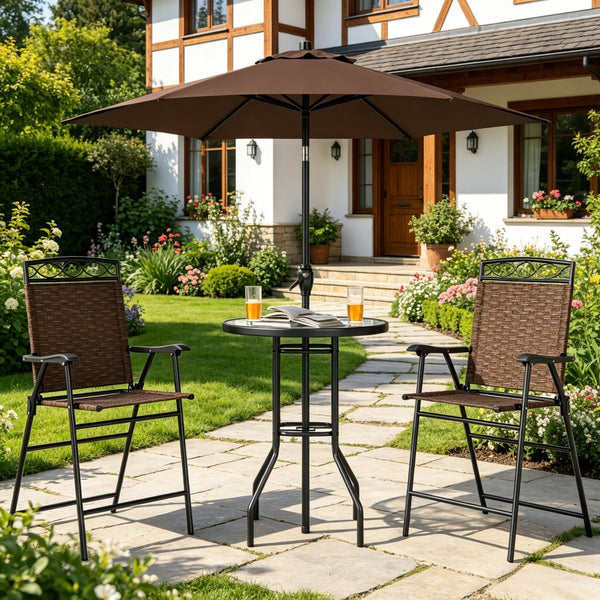 English Elm Chic Outdoor Counter Height Bistro Set with Glass Top Sling Chairs and Tilting Umbrella T3971P534033