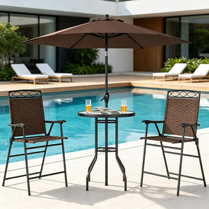 English Elm Chic Outdoor Counter Height Bistro Set with Glass Top Sling Chairs and Tilting Umbrella T3971P534033