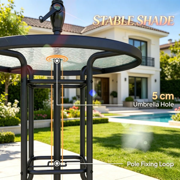 English Elm Chic Outdoor Counter Height Bistro Set with Glass Top Sling Chairs and Tilting Umbrella T3971P534033