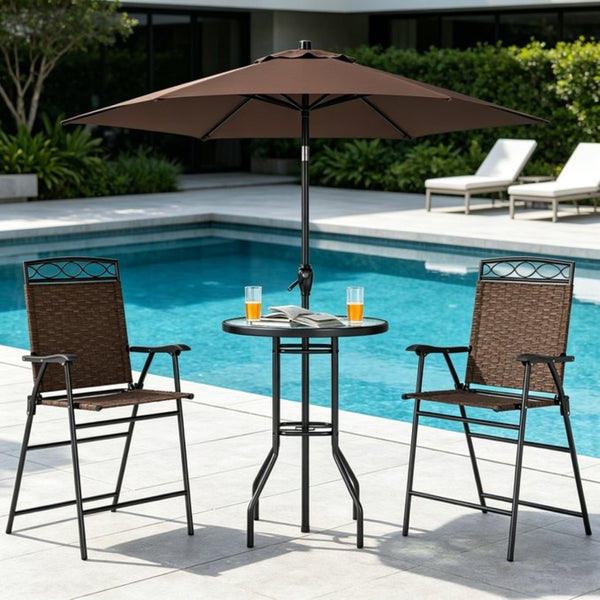 English Elm Chic Outdoor Counter Height Bistro Set with Glass Top Sling Chairs and Tilting Umbrella T3971P534033