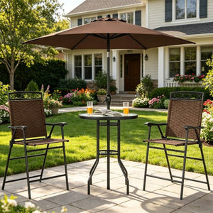 English Elm Chic Outdoor Counter Height Bistro Set with Glass Top Sling Chairs and Tilting Umbrella T3971P534033