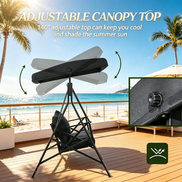 English Elm Outdoor Steel Frame Canopy Glider Swing Bench Seats Three with Spring Suspension T3971P535032