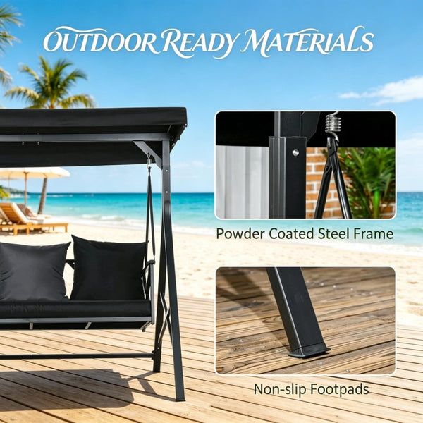 English Elm Outdoor Steel Frame Canopy Glider Swing Bench Seats Three with Spring Suspension T3971P535032