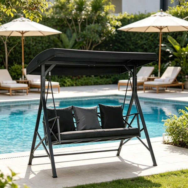 English Elm Outdoor Steel Frame Canopy Glider Swing Bench Seats Three with Spring Suspension T3971P535032
