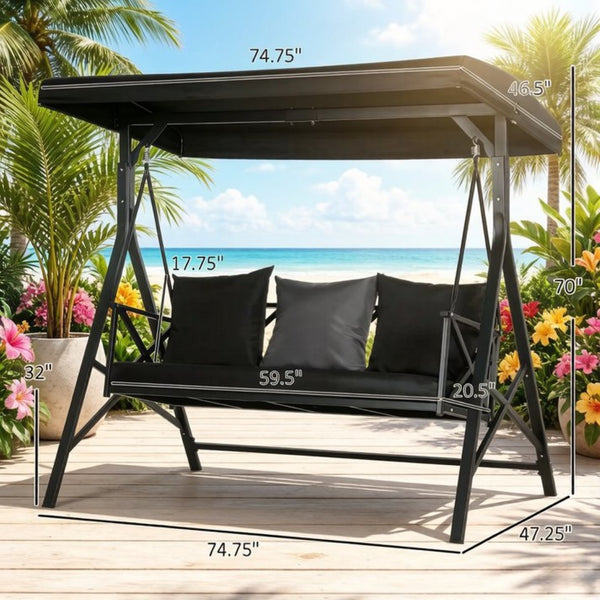 English Elm Outdoor Steel Frame Canopy Glider Swing Bench Seats Three with Spring Suspension T3971P535032