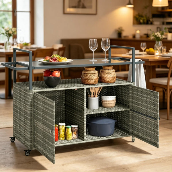 English Elm Mobile Pe Rattan Outdoor Bar Cart with Tempered Glass Top and Locking Wheels T3971P535072