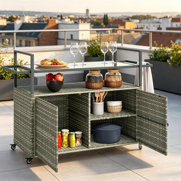 English Elm Mobile Pe Rattan Outdoor Bar Cart with Tempered Glass Top and Locking Wheels T3971P535072