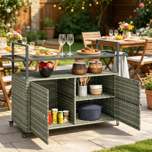 English Elm Mobile Pe Rattan Outdoor Bar Cart with Tempered Glass Top and Locking Wheels T3971P535072