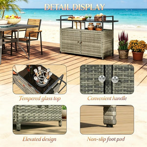 English Elm Mobile Pe Rattan Outdoor Bar Cart with Tempered Glass Top and Locking Wheels T3971P535072