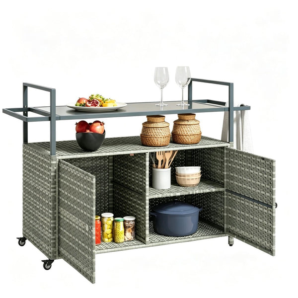 English Elm Mobile Pe Rattan Outdoor Bar Cart with Tempered Glass Top and Locking Wheels T3971P535072