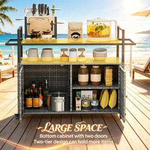 English Elm Mobile Pe Rattan Outdoor Bar Cart with Tempered Glass Top and Locking Wheels T3971P535072