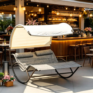 English Elm Rocking Outdoor Day Bed with Canopy Two Person Steel Frame Mesh Lounge Chair T3971P535116