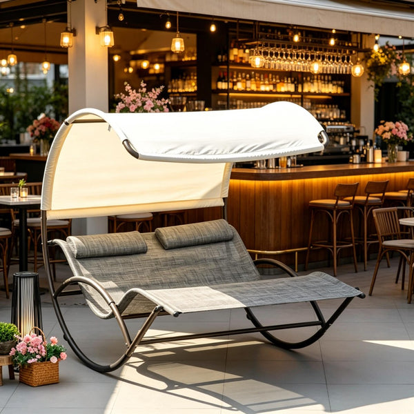 English Elm Rocking Outdoor Day Bed with Canopy Two Person Steel Frame Mesh Lounge Chair T3971P535116