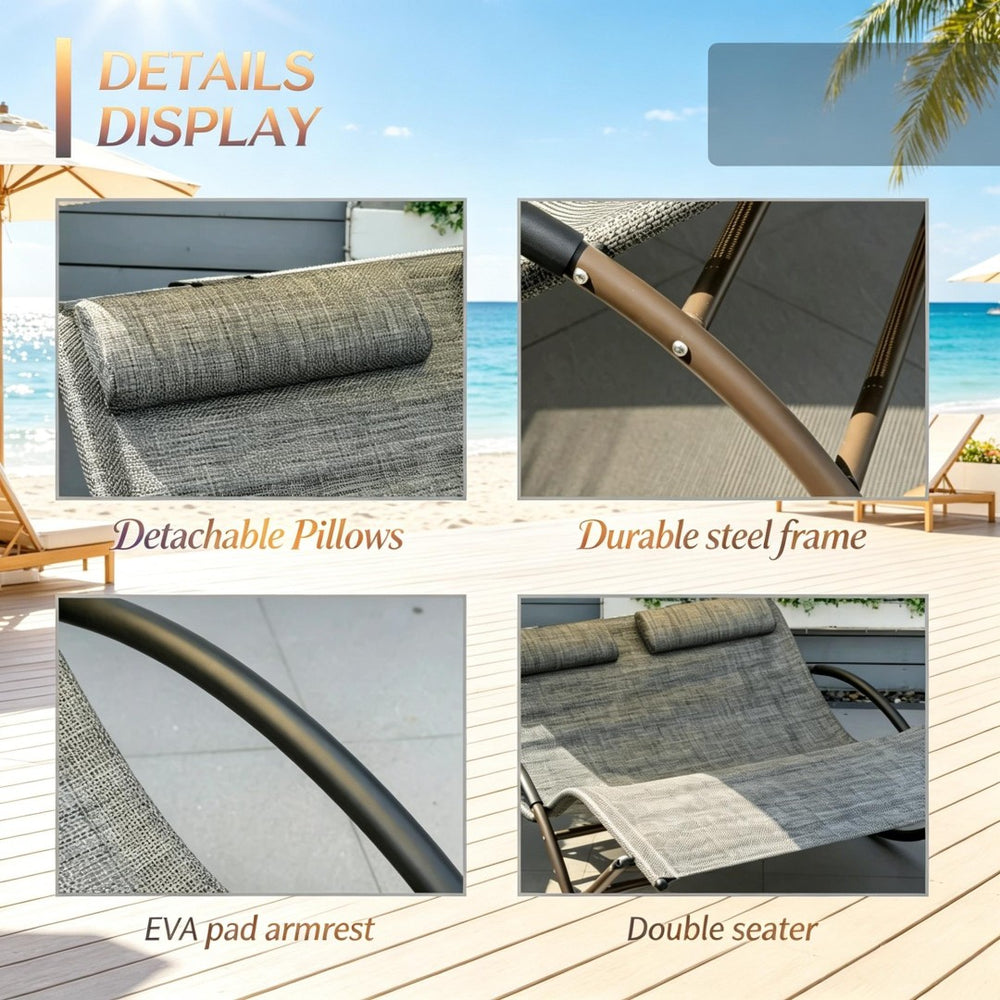 English Elm Rocking Outdoor Day Bed with Canopy Two Person Steel Frame Mesh Lounge Chair T3971P535116