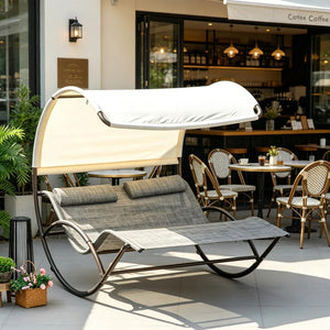 English Elm Rocking Outdoor Day Bed with Canopy Two Person Steel Frame Mesh Lounge Chair T3971P535116