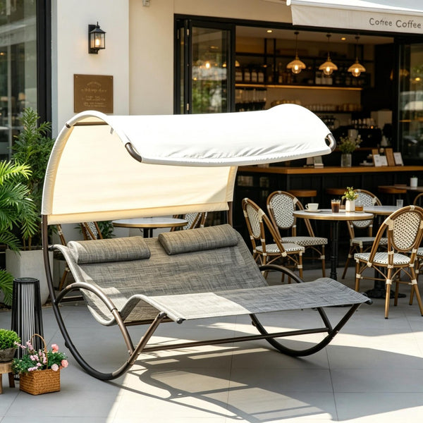 English Elm Rocking Outdoor Day Bed with Canopy Two Person Steel Frame Mesh Lounge Chair T3971P535116