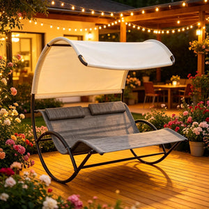 English Elm Rocking Outdoor Day Bed with Canopy Two Person Steel Frame Mesh Lounge Chair T3971P535116