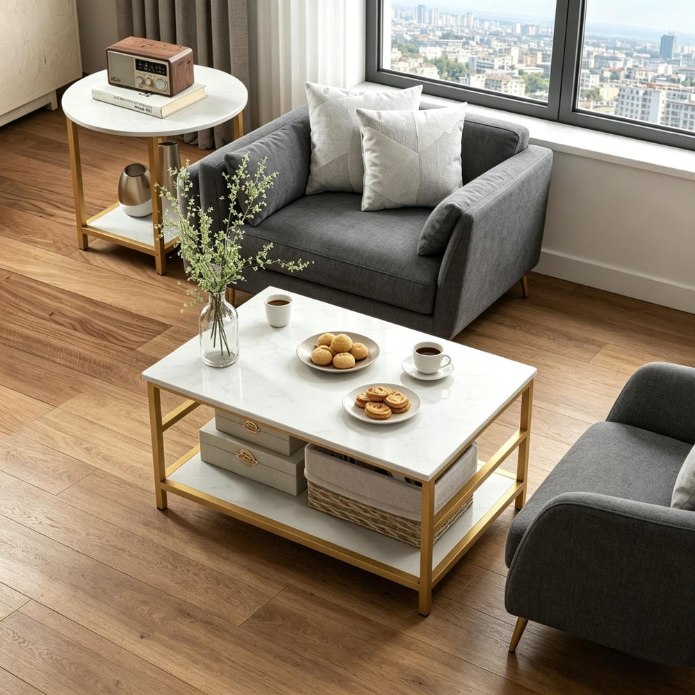 English Elm Chic Faux Marble Gold Frame Nesting Coffee Table Set for Glam Living Rooms T3971P535154