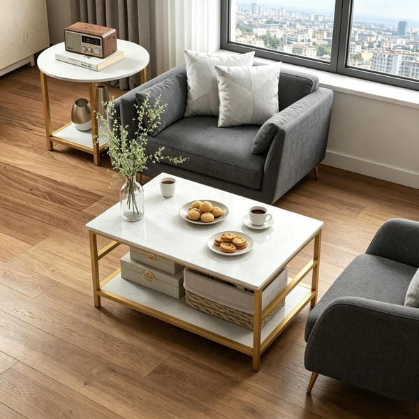 English Elm Chic Faux Marble Gold Frame Nesting Coffee Table Set for Glam Living Rooms T3971P535154