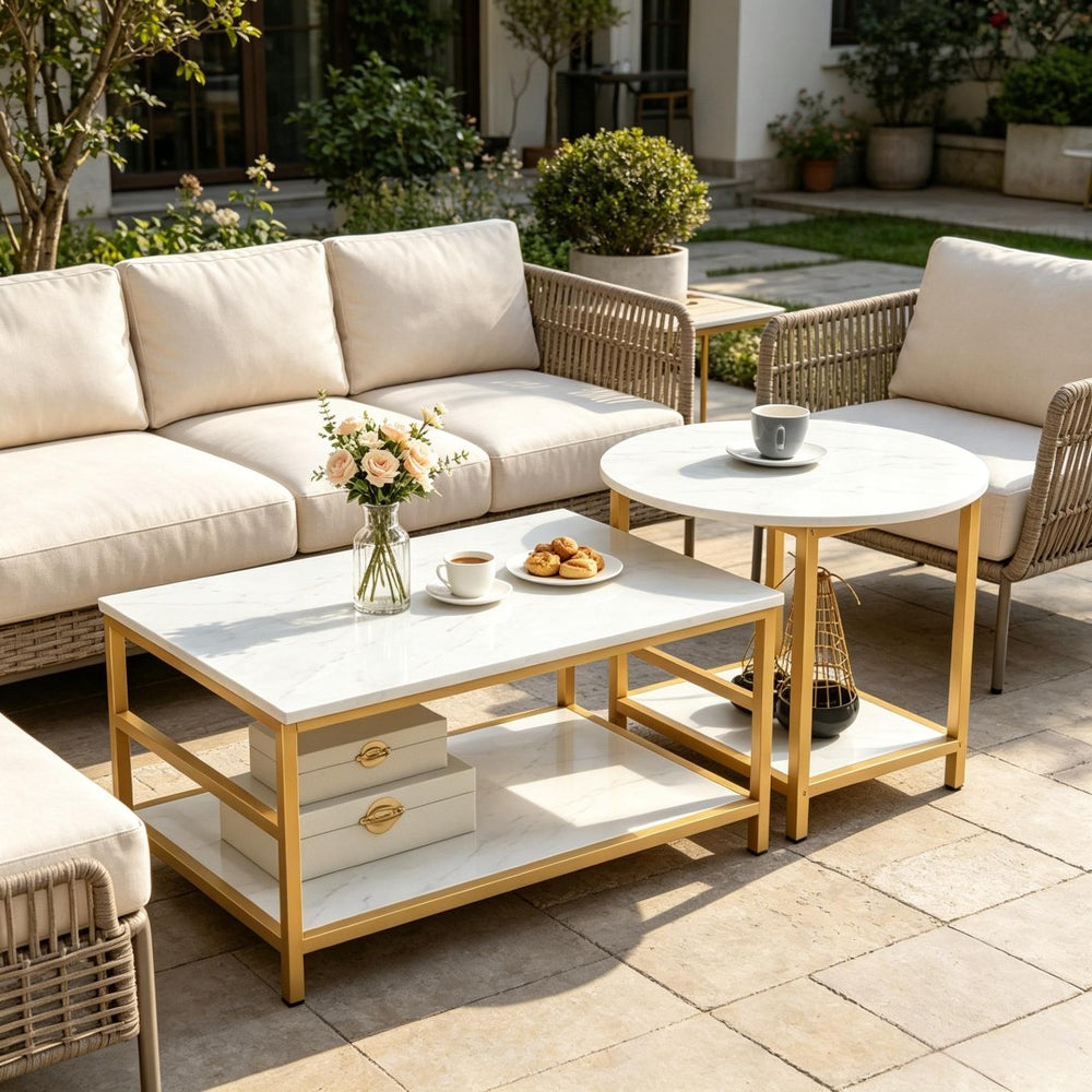 English Elm Chic Faux Marble Gold Frame Nesting Coffee Table Set for Glam Living Rooms T3971P535154