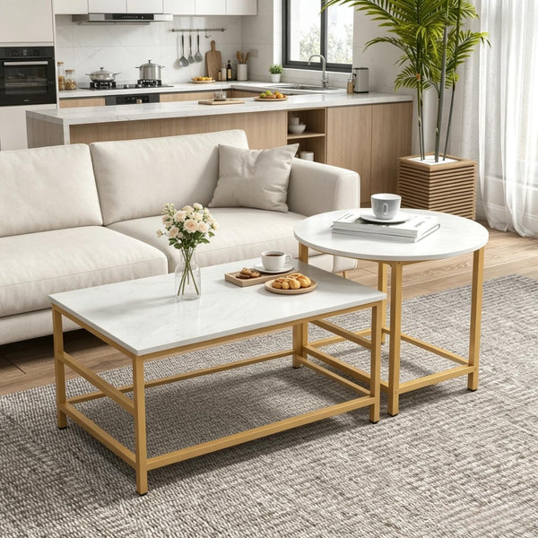 English Elm Chic Faux Marble Gold Frame Nesting Coffee Table Set for Glam Living Rooms T3971P535154