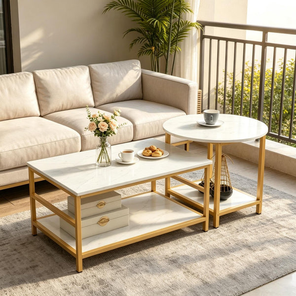 English Elm Chic Faux Marble Gold Frame Nesting Coffee Table Set for Glam Living Rooms T3971P535154