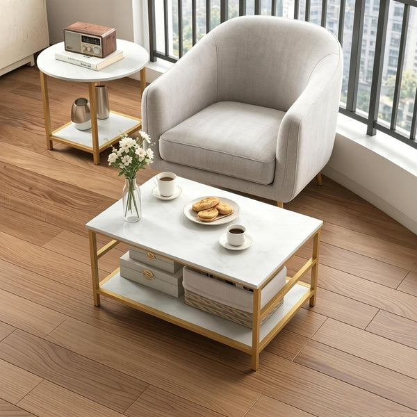 English Elm Chic Faux Marble Gold Frame Nesting Coffee Table Set for Glam Living Rooms T3971P535154