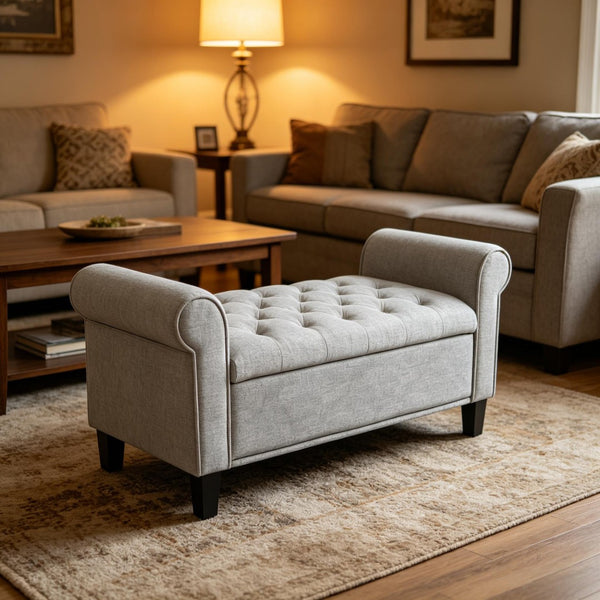 English Elm Hall Storage Bench Tufted Upholstered Seat with Hidden Lift Top Compartment Entryway T3971P535179