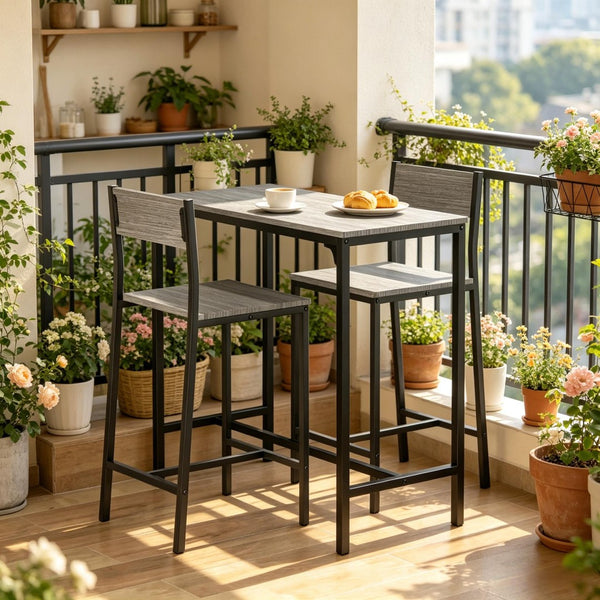 English Elm Kitchen Counter Height 3 Piece Dining Set with Industrial Steel Frame for Small Spaces T3971P535196