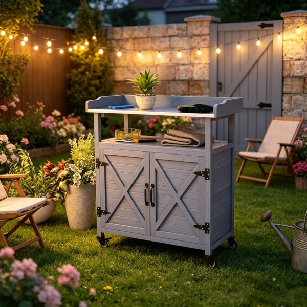 English Elm Backyard Rolling Potting Bench with Fir Wood Frame and Aluminum Worktop Storage T3971P535219
